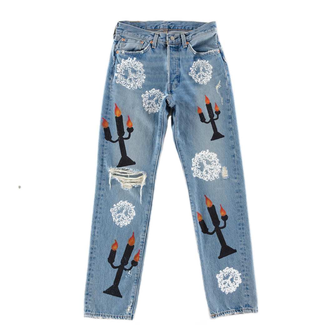DENIM TEARS x VIRGIL ABLOH “MESSAGE IN A TEAR” EMBROIDERED JEANS